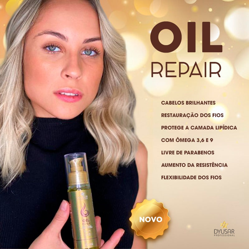 Banner promocional do Óleo Reparador de Pontas Oil Repair com uma modelo loira e uma lista dos seus principais benefícios, como restauração dos fios e proteção da camada lipídica.