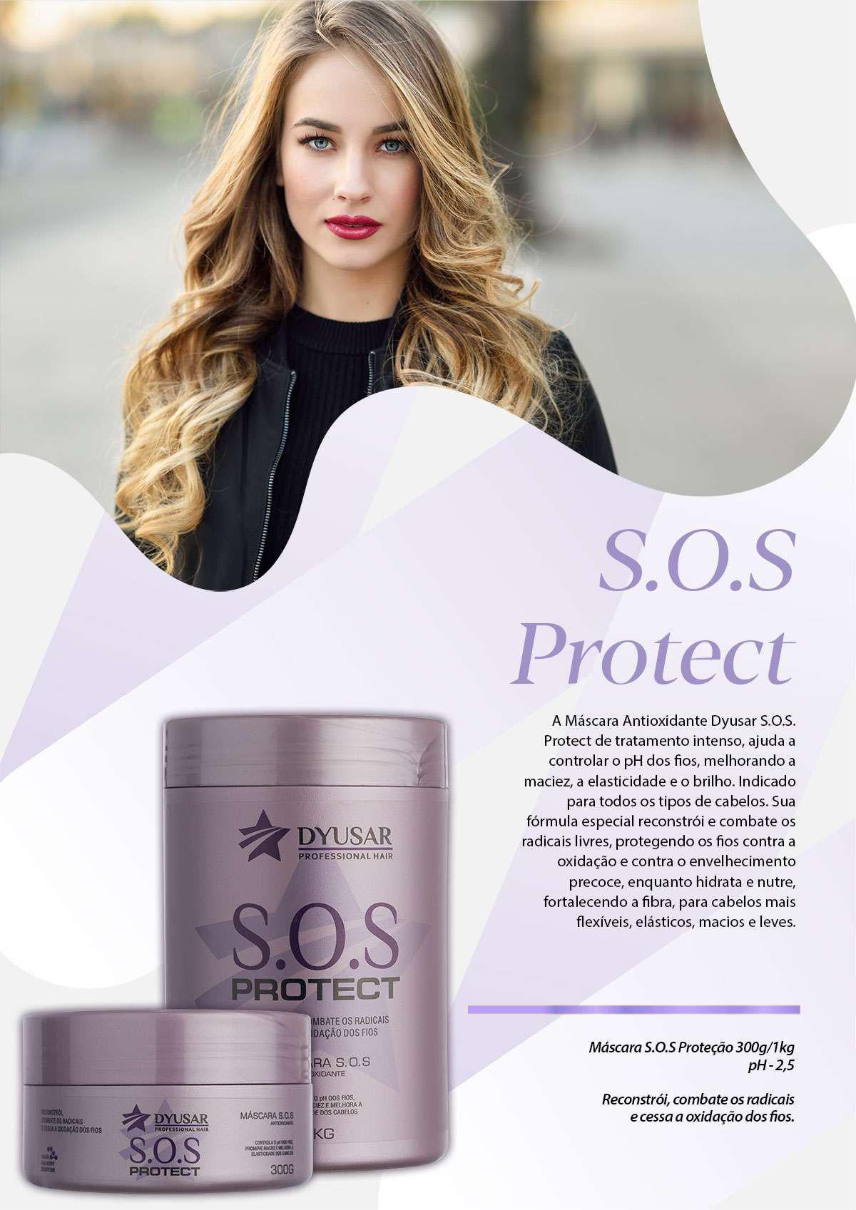 Banner promocional da Máscara Antioxidante Dyusar S.O.S Protect, com uma modelo de cabelo loiro e os potes de 300g e 1kg do produto ao lado de um texto com seus benefícios.