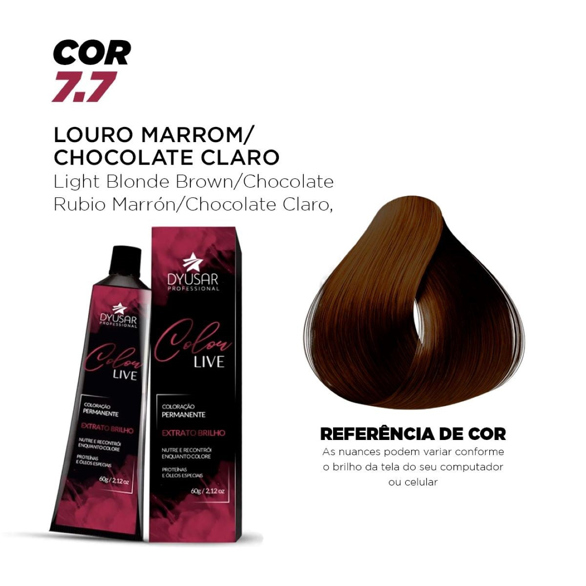 Banner da Coloração Dyusar Color Live 7.7 Louro Marrom / Chocolate Claro, mostrando a embalagem do produto e a mecha com a referência da cor resultante.