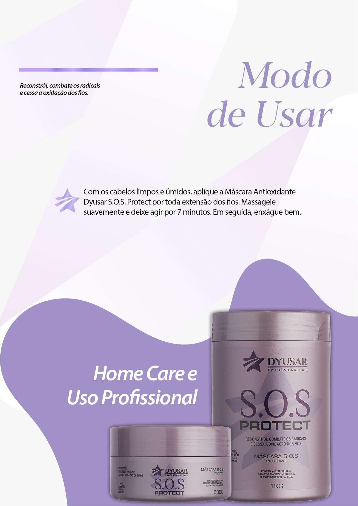 Infográfico com o modo de usar da Máscara Antioxidante S.O.S Protect, informando a aplicação nos cabelos úmidos e o tempo de ação de 7 minutos.