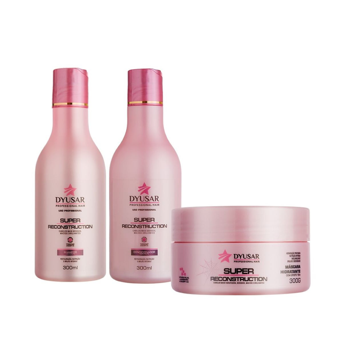 Kit home care Super Reconstruction da Dyusar com Shampoo, Condicionador e Máscara de 300ml/300g para reconstrução capilar.