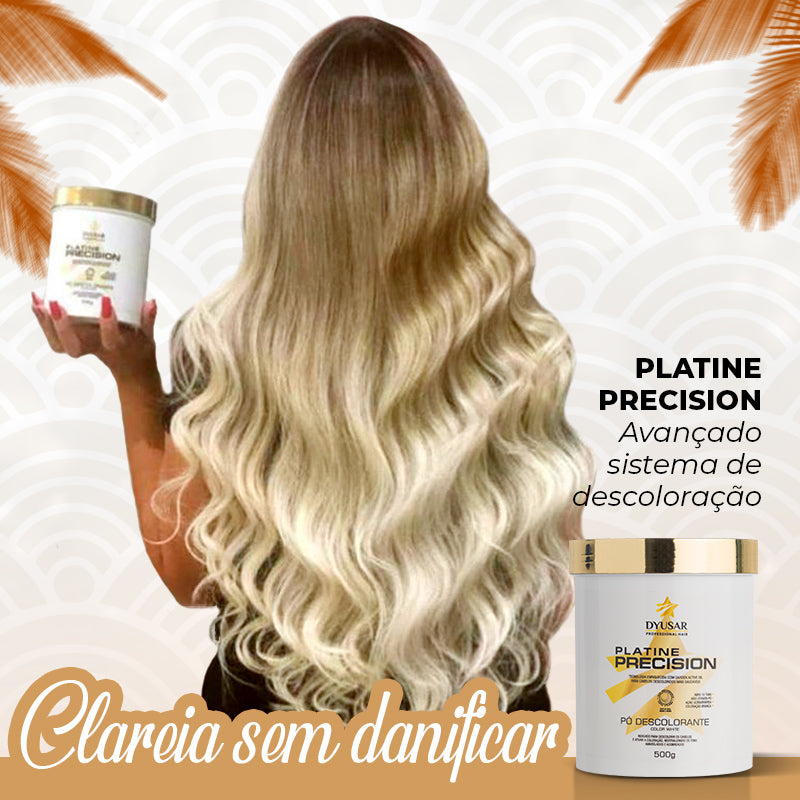 Banner do Pó Descolorante Platinado Dyusar com o slogan "Clareia sem danificar" e uma modelo com cabelo loiro platinado