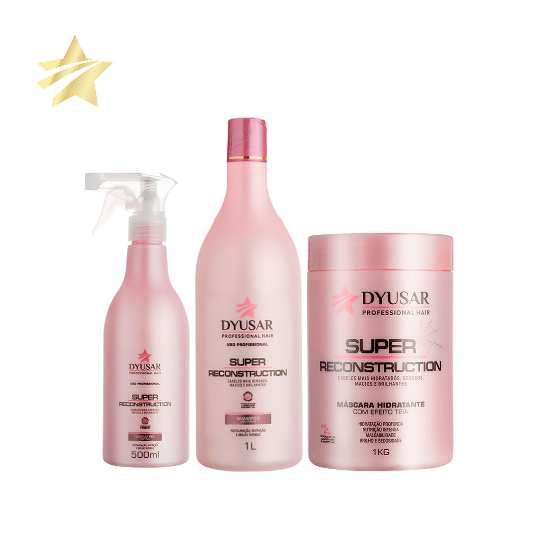 Kit de cauterizacao profissional para salao da Dyusar, com o Shampoo de 1L, a Mascara de 1kg e a Queratina Liquida de 500ml