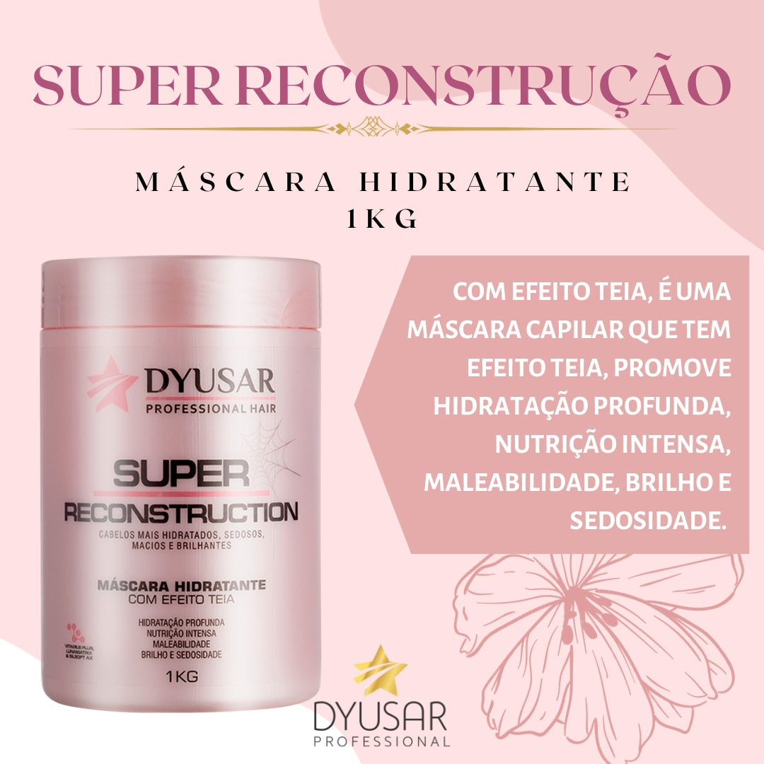 Banner da Máscara Hidratante Super Reconstrução da Dyusar. A imagem mostra o pote do produto e um texto descrevendo seus benefícios: hidratação profunda, nutrição intensa, brilho e o exclusivo efeito teia