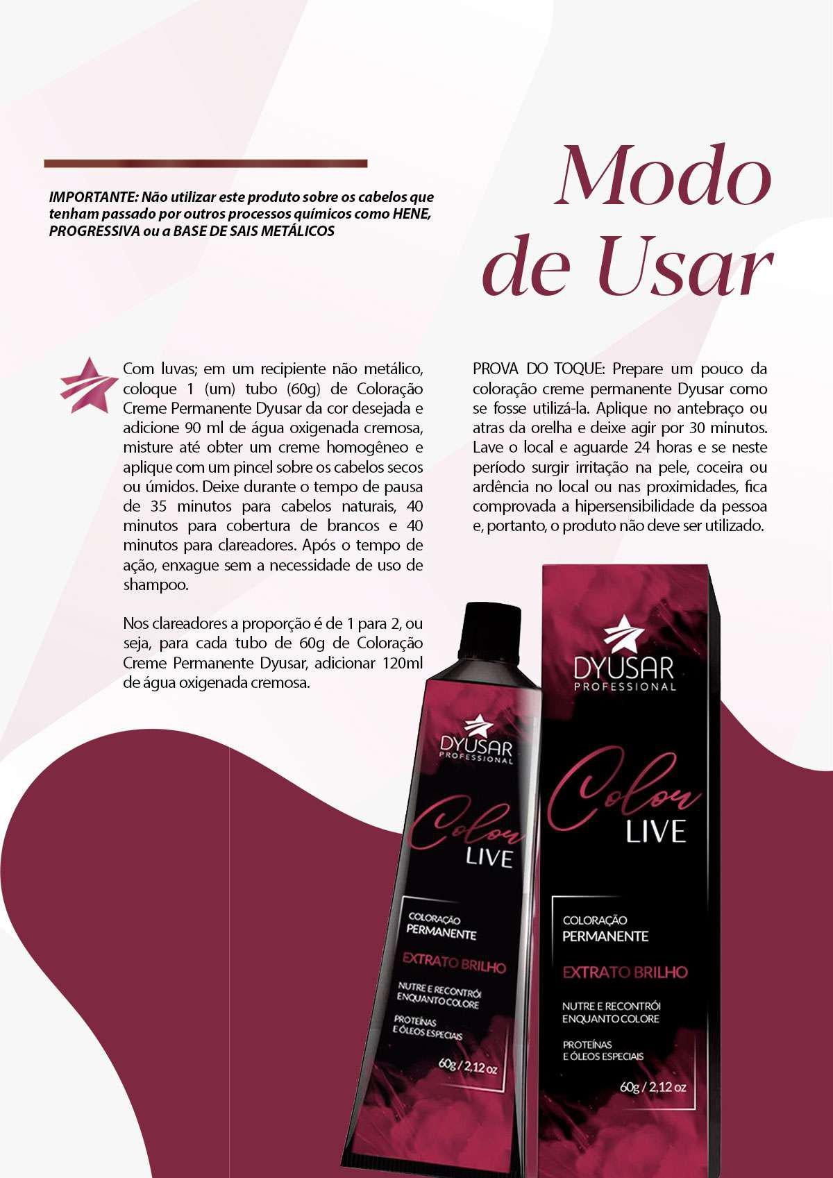 Infográfico com o modo de usar da Coloração Permanente Dyusar Color Live, explicando a mistura, tempo de pausa e prova do toque para tons como o 9.1 Louro Muito Claro Acinzentado.