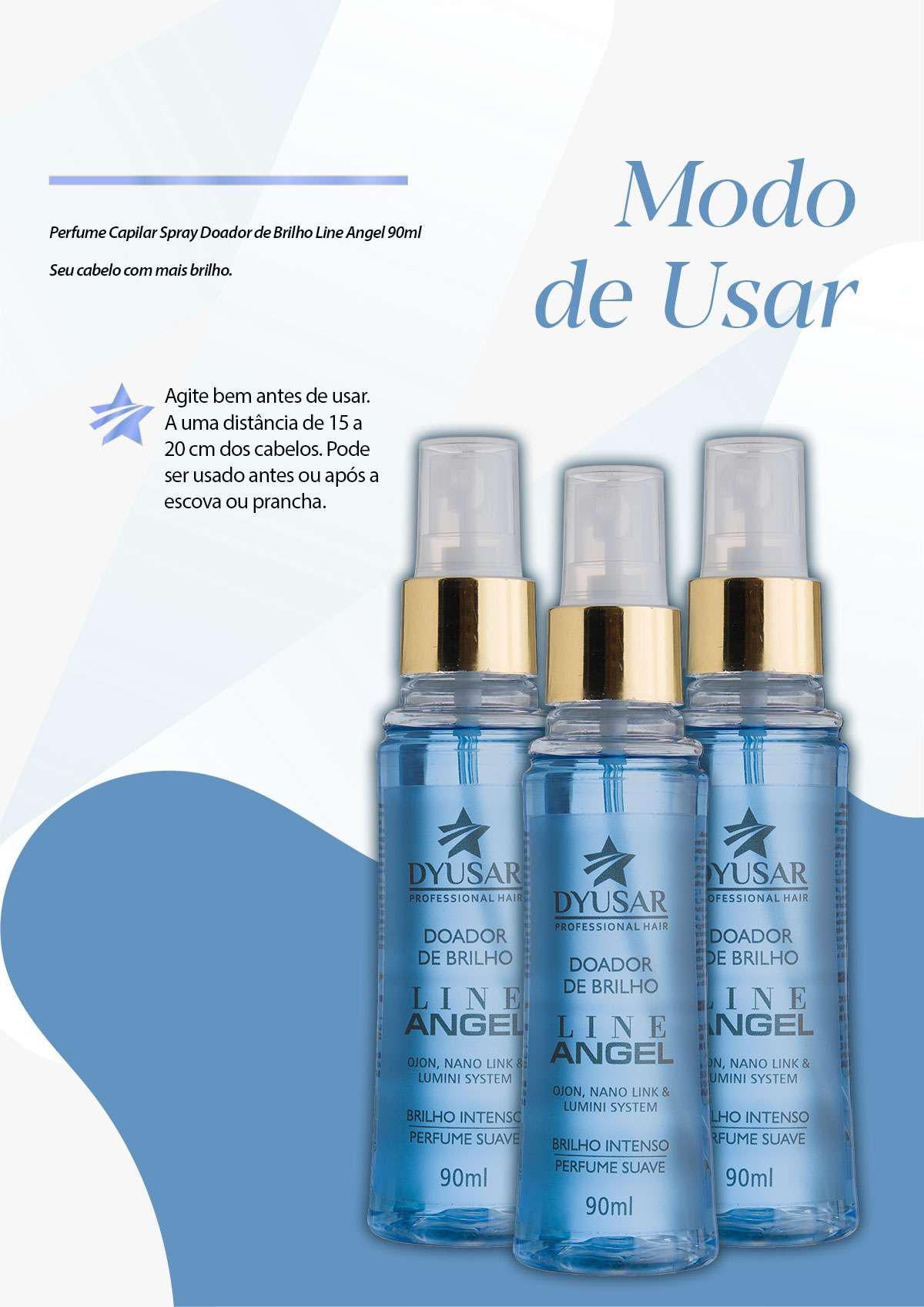Infográfico mostrando o modo de usar do Spray de Brilho e Perfume Capilar Line Angel, com instrução de aplicação a distância.