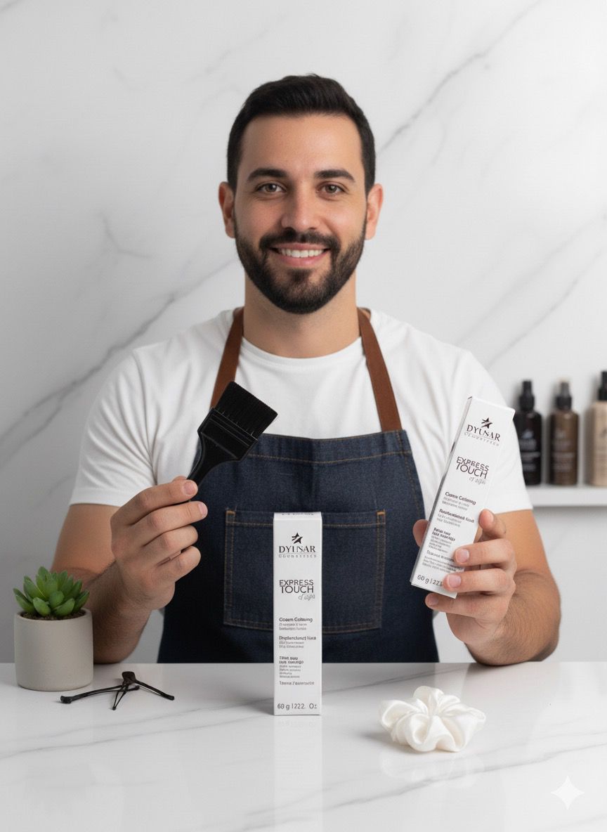 Cabeleireiro profissional sorrindo, segurando duas caixas da Coloração para Cabelos Brancos Express Touch e um pincel de aplicação.