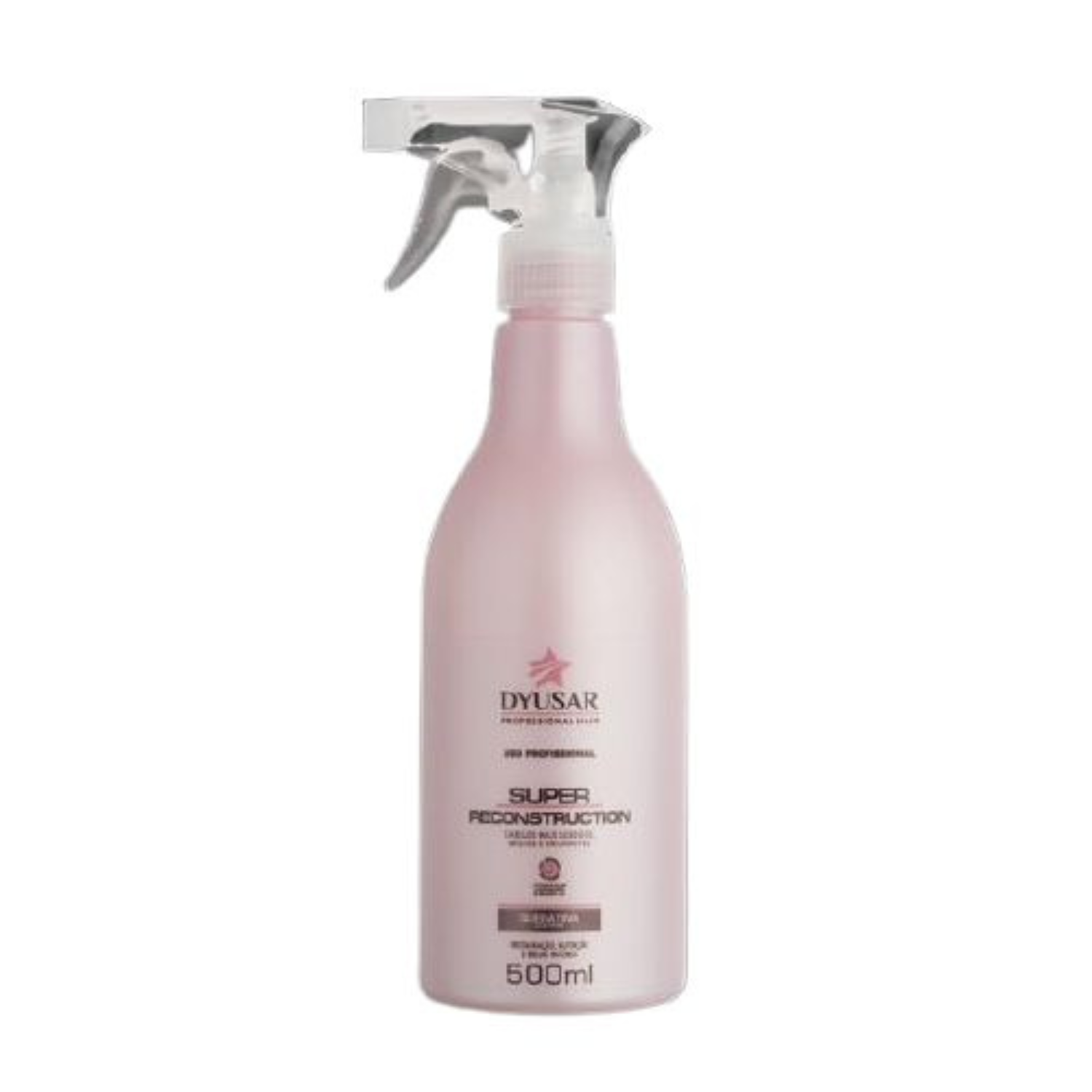 Frasco rosa de 500ml da Queratina Líquida Super Reconstruction Dyusar, que repõe a Cistina e reconstrói profundamente os fios.
