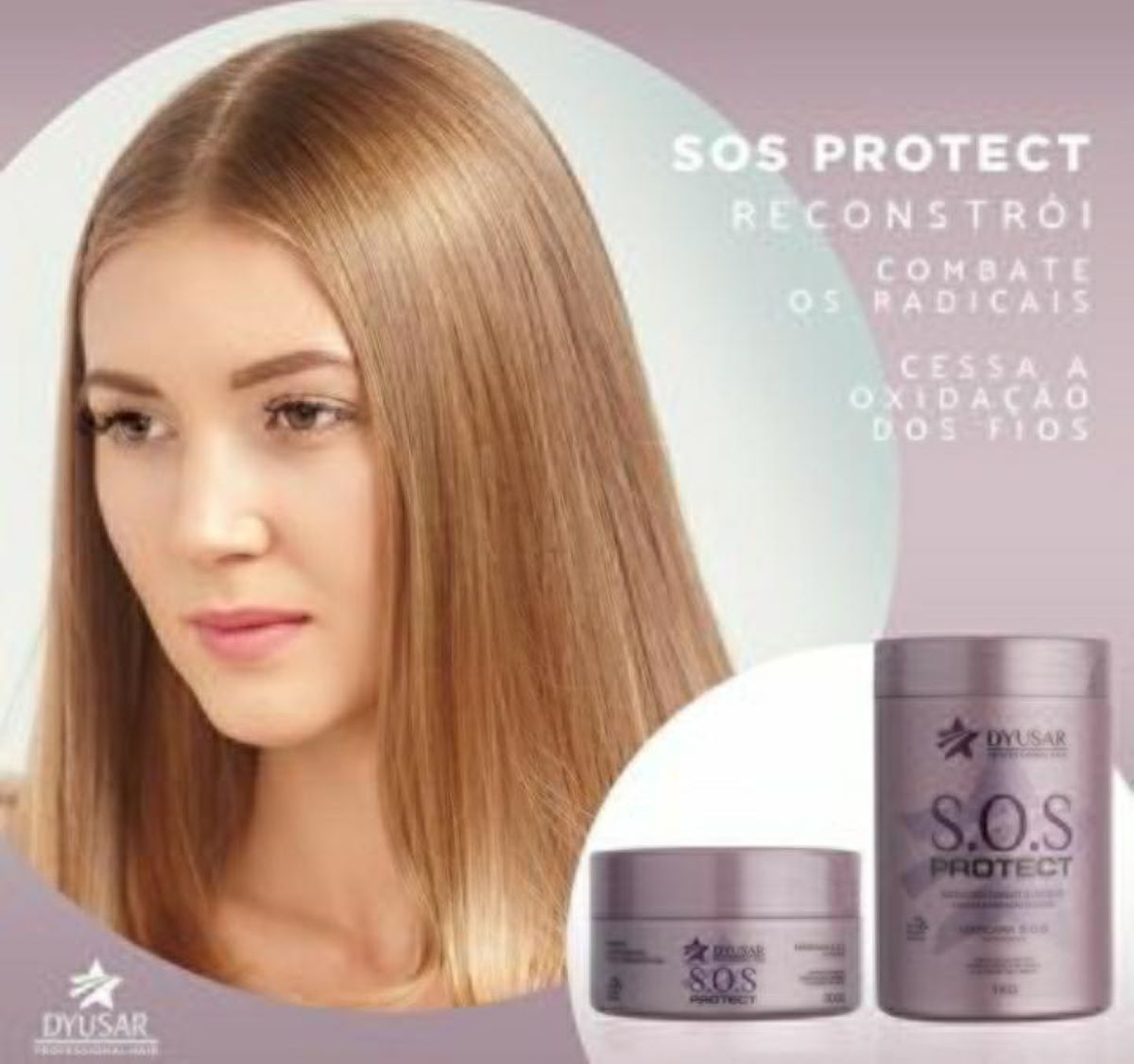 Modelo com cabelo loiro, liso e brilhante exibindo o resultado da Máscara Antioxidante Dyusar S.O.S Protect, com os potes do produto em destaque.