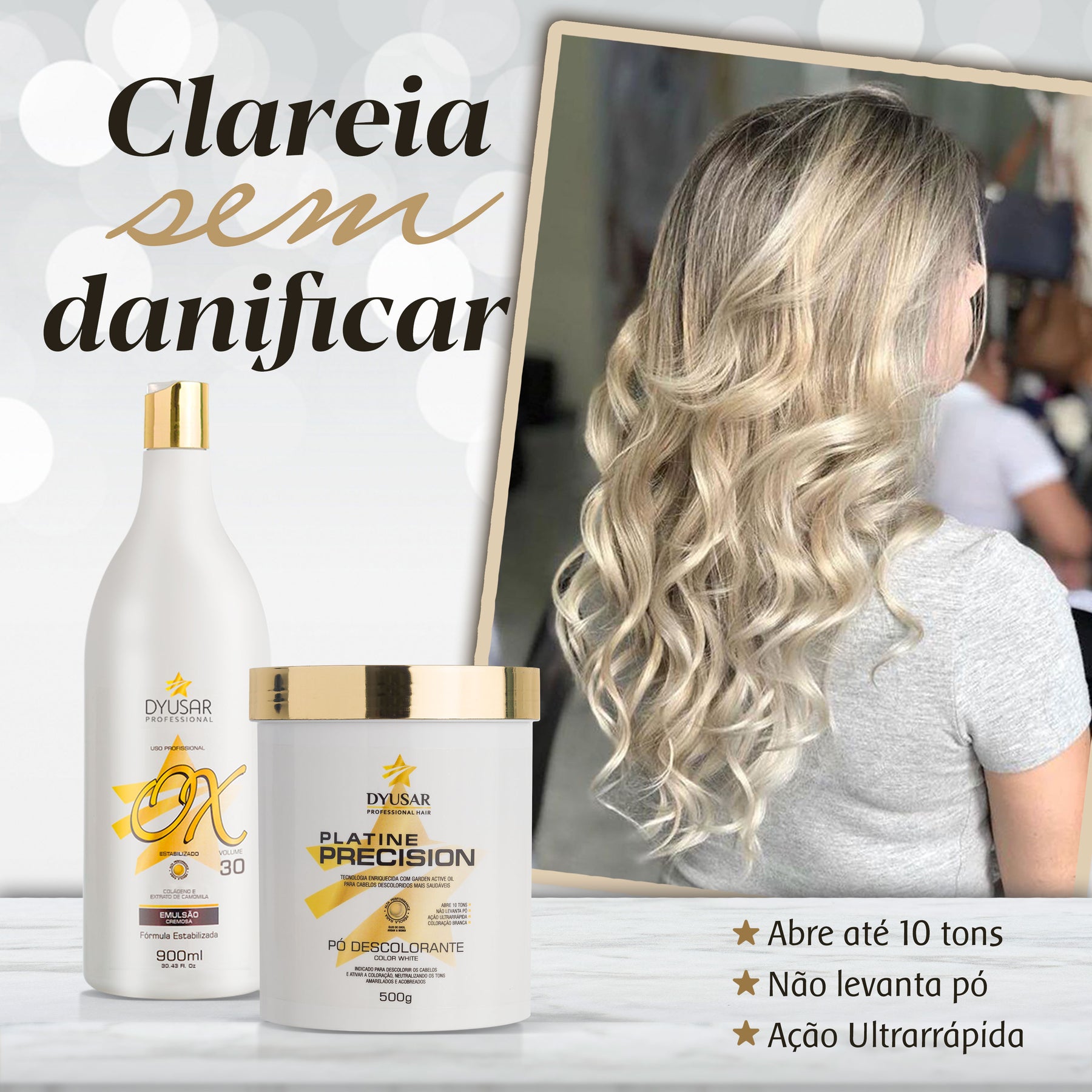 Modelo de costas com cabelo loiro platinado longo e ondulado, exibindo o resultado do Pó Descolorante Platinado Dyusar.