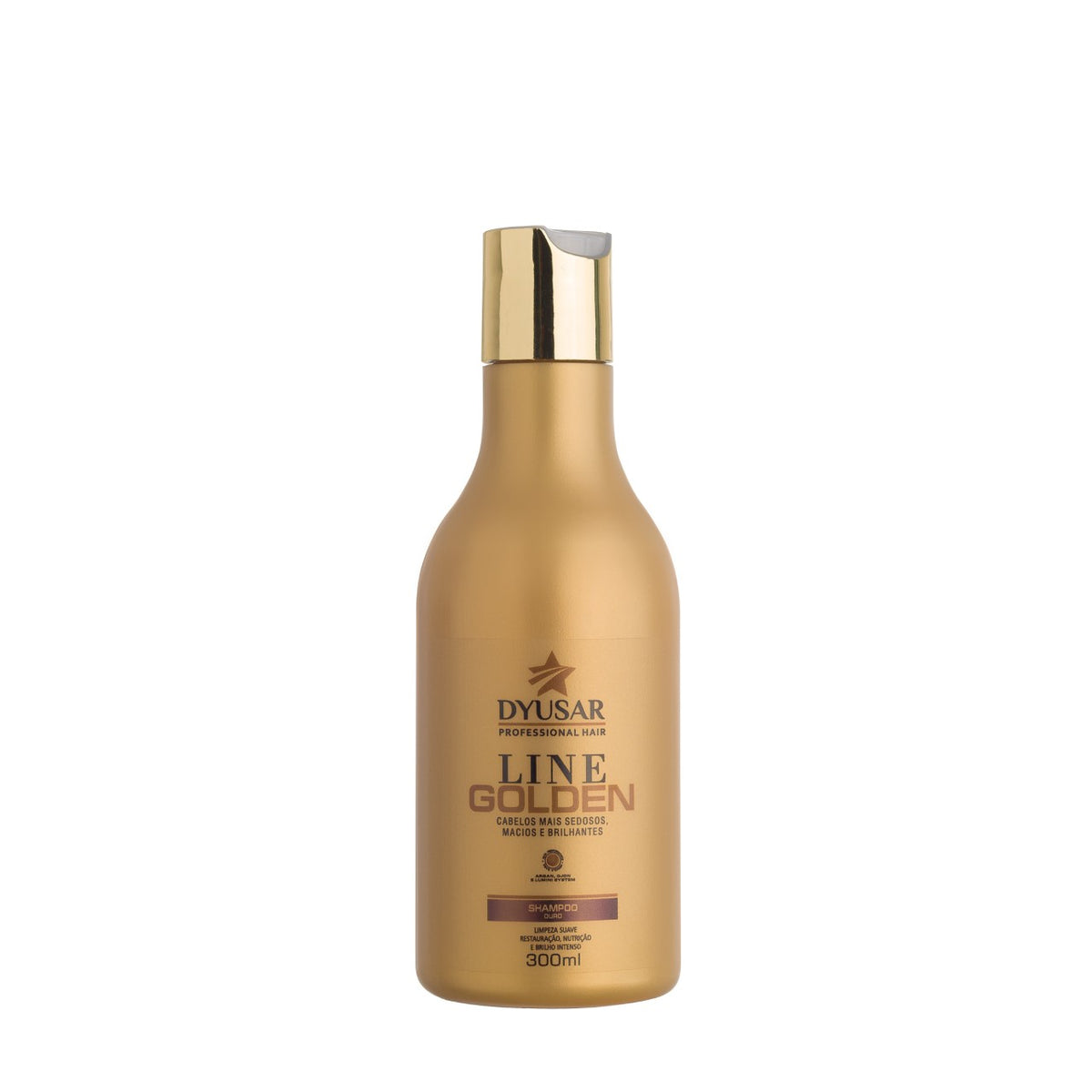 Frasco dourado de 300ml do Shampoo de Hidratação Dyusar Line Golden, com foco no rótulo que promete limpeza suave, restauração e brilho intenso.