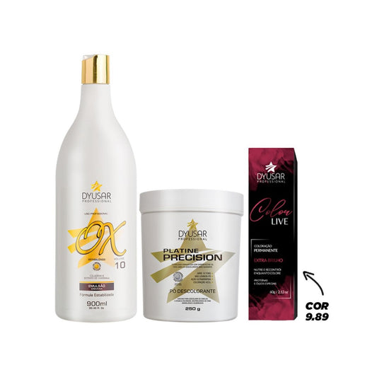 Kit Pó Descolorante de 250 g + Ox de 10 vol + Coloração 9.89