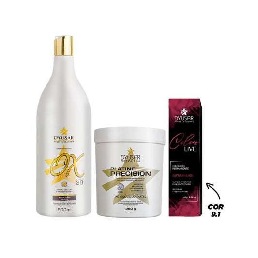 Kit Pó Descolorante de 250 g + Ox de 30 vol + Coloração 9.1