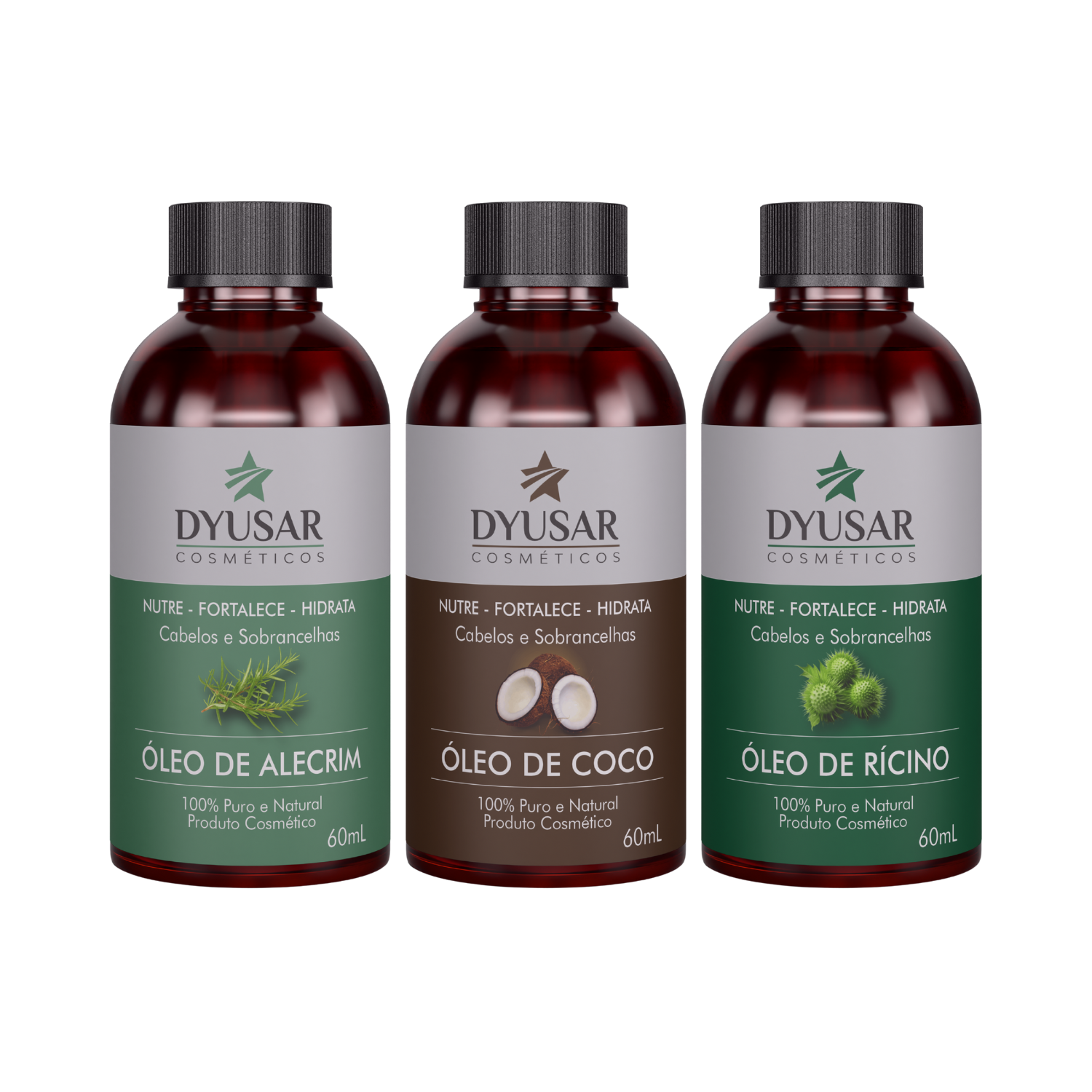 Kit 3 Óleos Naturais Coco, Alecrim e Rícino 60ml Dyusar - Dyusar