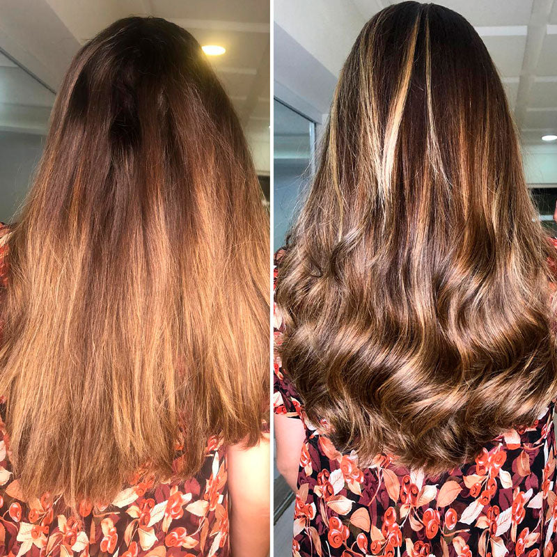Comparativo de antes e depois de um cabelo tratado com a linha Super Reconstruction: o antes mostra fios secos e opacos, e o depois mostra o cabelo com luzes, brilhante e saudável após o uso do Condicionador Reconstrutor.
