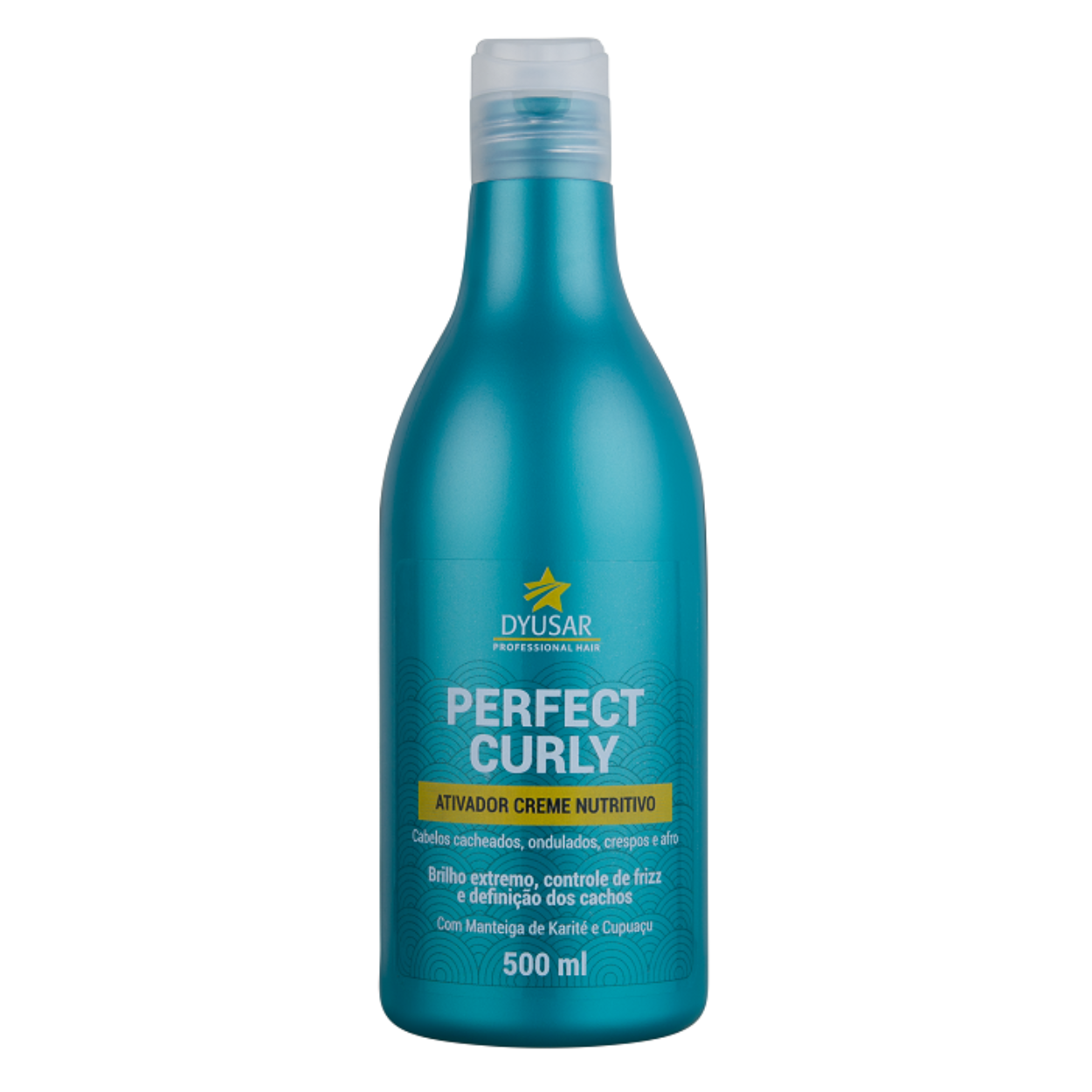 Frasco de 500ml do Ativador de Cachos Perfect Curly da Dyusar, com sua embalagem azul e rótulo que destaca a Manteiga de Karité e Cupuaçu.

