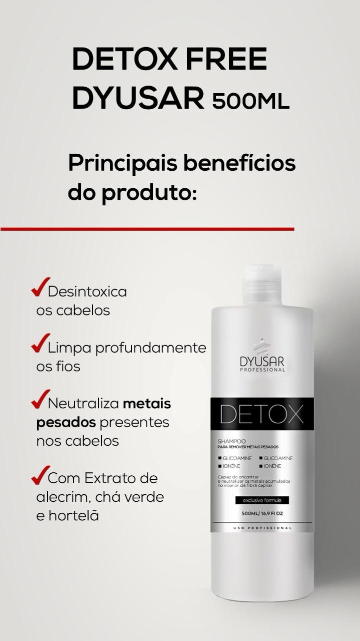 Infográfico em formato vertical com os 4 principais benefícios do Shampoo Detox Dyusar, incluindo a neutralização de metais pesados e seus extratos naturais.