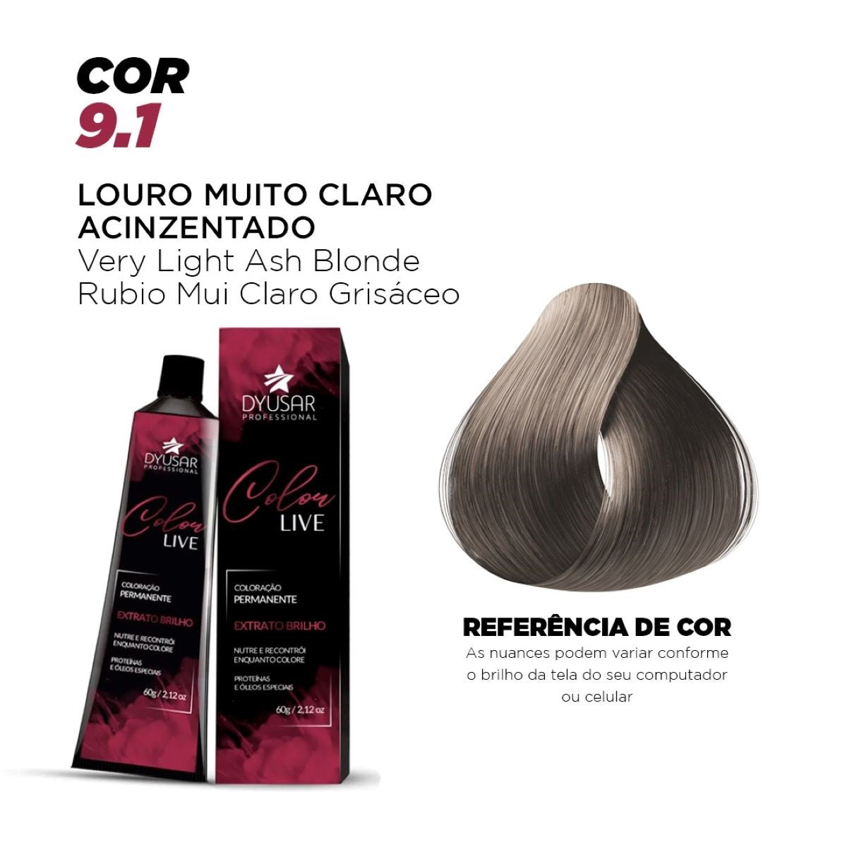 Banner da Coloração Dyusar Color Live 9.1 Louro Muito Claro Acinzentado, mostrando a embalagem do produto e a mecha com a referência da cor resultante.