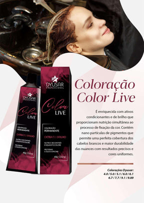 Banner da Coloração Permanente Dyusar Color Live, com uma modelo no lavatório, destacando os benefícios gerais da linha, como nutrição e cobertura de brancos.