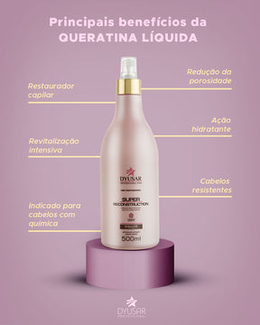 Infografico com os principais beneficios da queratina liquida do kit de cauterizacao profissional, como restauracao e reducao da porosidade.