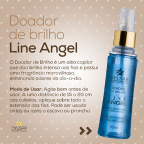 Banner com os benefícios do Doador de Brilho Line Angel: brilho intenso, perfume suave e eliminação de odores.