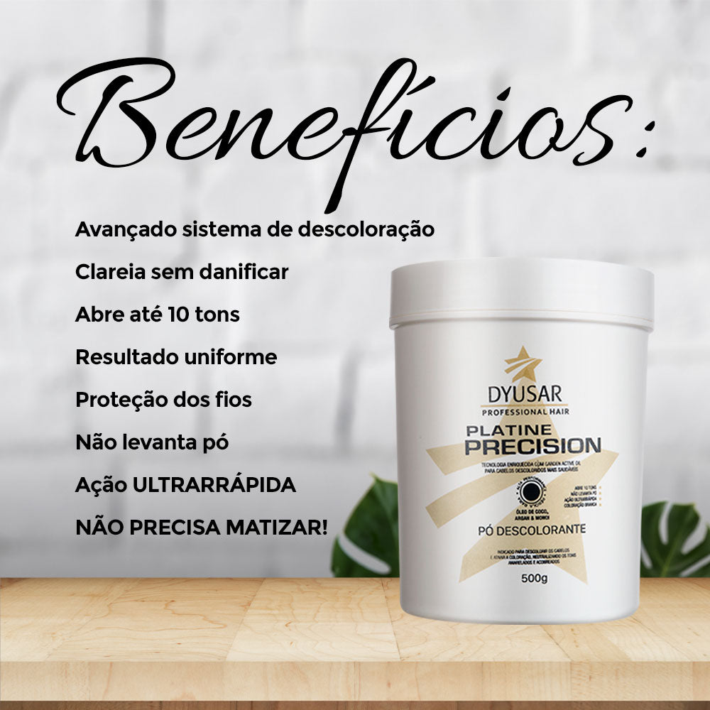 Banner com os benefícios do Pó Descolorante Azul da Dyusar: clareia sem danificar, abre 10 tons, não levanta pó e não precisa matizar.