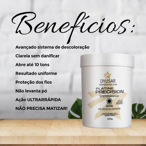 Banner com os benefícios do Pó Descolorante Azul da Dyusar: clareia sem danificar, abre 10 tons, não levanta pó e não precisa matizar.