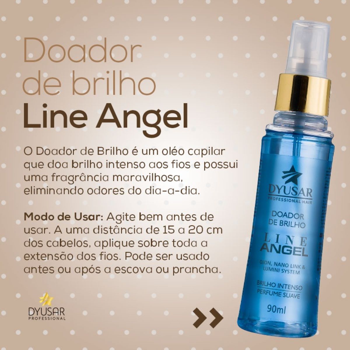 Banner informativo do Spray de Brilho e Perfume Capilar Line Angel, detalhando seus benefícios como brilho intenso, fragrância e eliminação de odores.