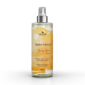Frasco de 200ml do Body Splash Verão da linha Quatro Estações Dyusar, com rótulo amarelo e informações sobre o extrato de laranjeira e frescor imediato.







