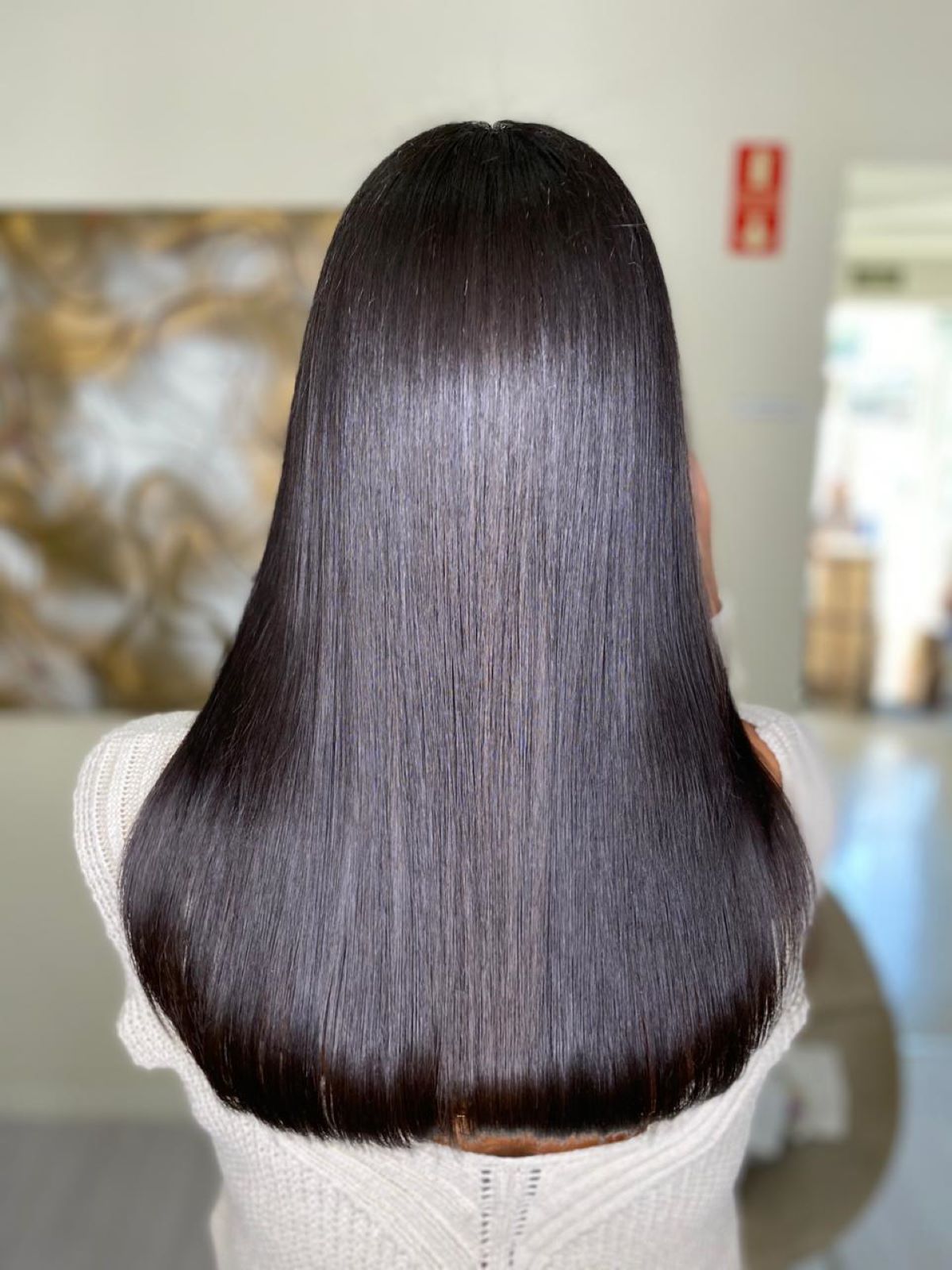 Mulher de costas exibindo cabelo longo, liso e com brilho intenso, demonstrando o resultado de fios purificados e saudáveis após o uso do Shampoo Desintoxicante Detox.
