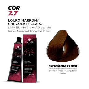 Banner da Coloração Dyusar Color Live 7.7 Louro Marrom / Chocolate Claro, mostrando a embalagem do produto e a mecha com a referência da cor resultante.