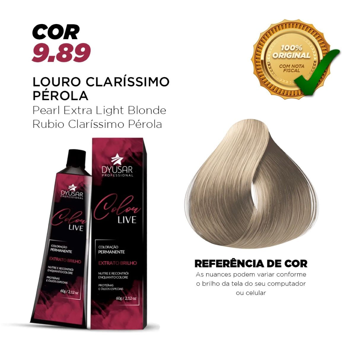 Banner da Coloração Dyusar Color Live 9.89 Louro Claríssimo Pérola, mostrando a embalagem do produto e a mecha com a referência da cor resultante.