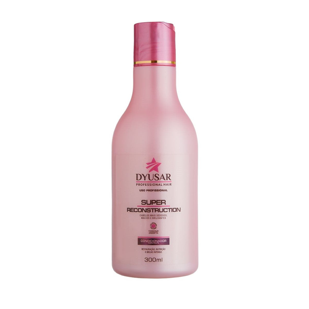 Frasco rosa de 300ml do Condicionador Reconstrutor da linha Super Reconstruction Dyusar, para restauração, nutrição e brilho intenso.

