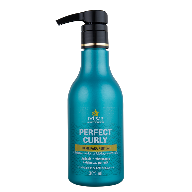 Frasco de 300ml do Creme de Pentear Para Cachos Perfect Curly da Dyusar, com sua embalagem azul-petróleo e rótulo que destaca a Manteiga de Karité e Cupuaçu.