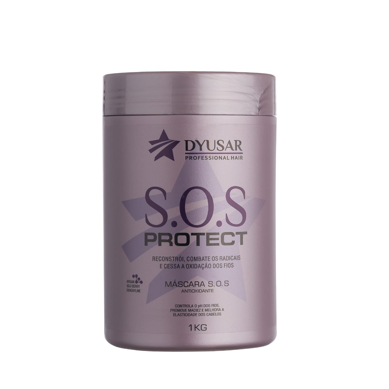 Pote roxo de 1kg da Máscara Antioxidante S.O.S Protect da Dyusar, em fundo branco, mostrando detalhes do rótulo e seus benefícios