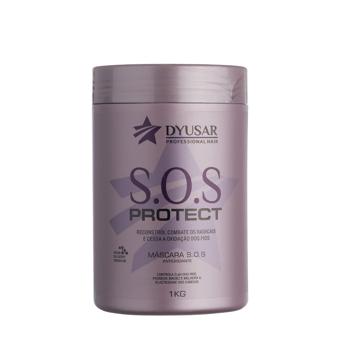 Pote roxo de 1kg da Máscara Antioxidante S.O.S Protect da Dyusar, em fundo branco, mostrando detalhes do rótulo e seus benefícios