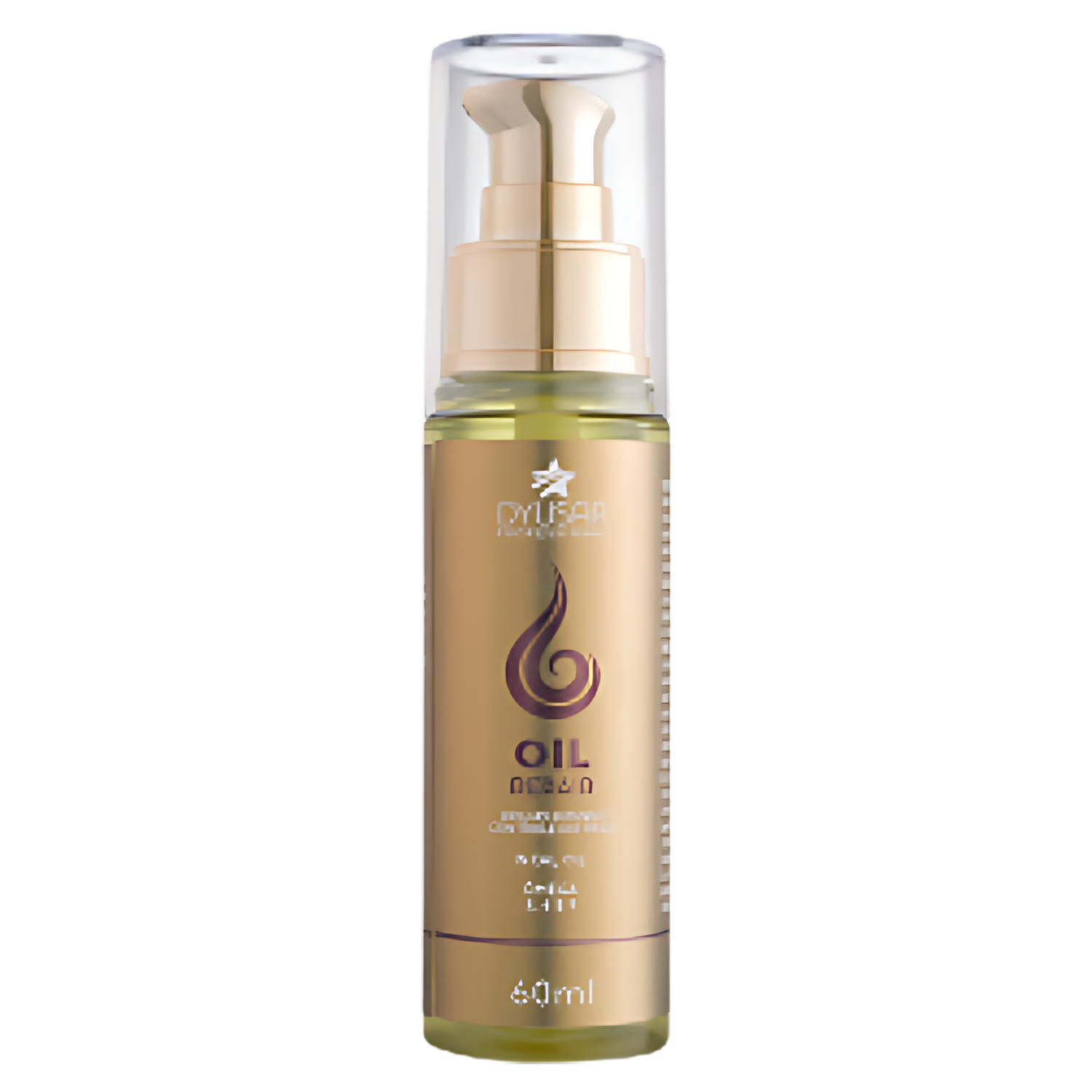 Rótulo dourado do Óleo Reparador de Pontas Oil Repair, mostrando os ingredientes Incai Oil e Ômega 3, 6 e 9 e o volume de 60ml.







