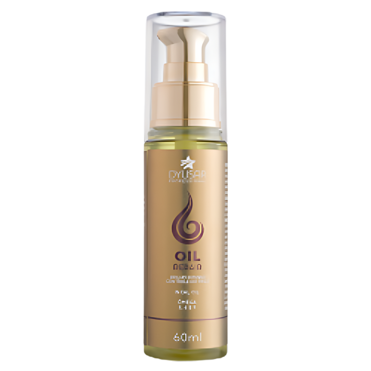 Rótulo dourado do Óleo Reparador de Pontas Oil Repair, mostrando os ingredientes Incai Oil e Ômega 3, 6 e 9 e o volume de 60ml.







