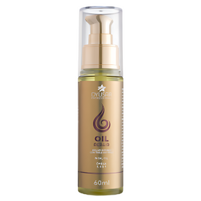 Rótulo dourado do Óleo Reparador de Pontas Oil Repair, mostrando os ingredientes Incai Oil e Ômega 3, 6 e 9 e o volume de 60ml.







