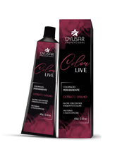 Bisnaga e caixa da Coloração Permanente Dyusar Color Live, com embalagem preta e rosa, destacando o extrato brilho.
