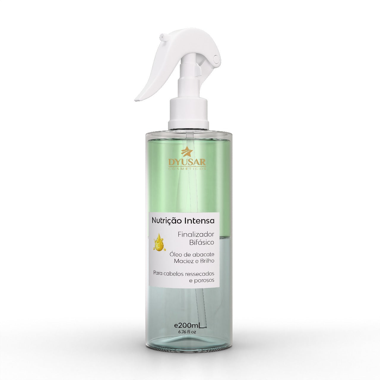 Frasco de 200ml do Finalizador Bifásico Nutrição Intensa da Dyusar, com Óleo de Abacate para cabelos ressecados e porosos.