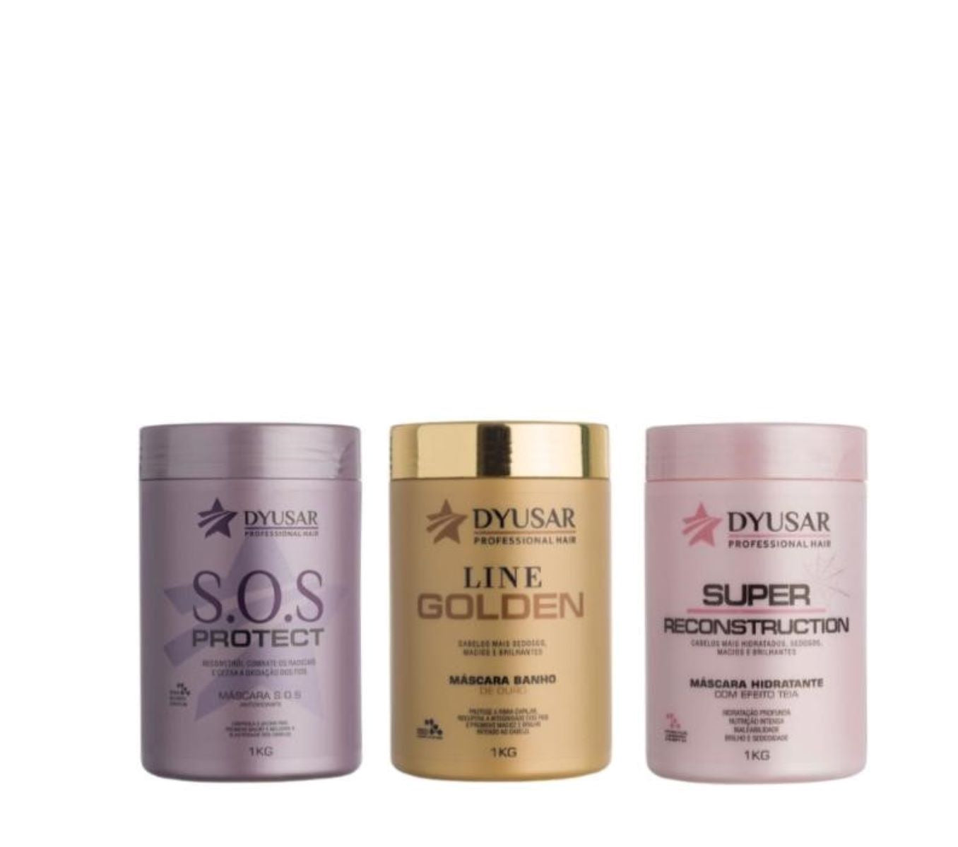 Kit Cronograma Capilar Profissional da Dyusar com as 3 máscaras de 1kg: S.O.S Protect (Reconstrução), Line Golden (Nutrição) e Super Reconstruction (Hidratação).