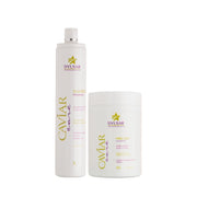 Kit de Nutrição com Caviar da linha Caviar Care Dyusar, com o Shampoo Hidratante de 1 litro e a Máscara de 1kg, para reparação e hidratação.