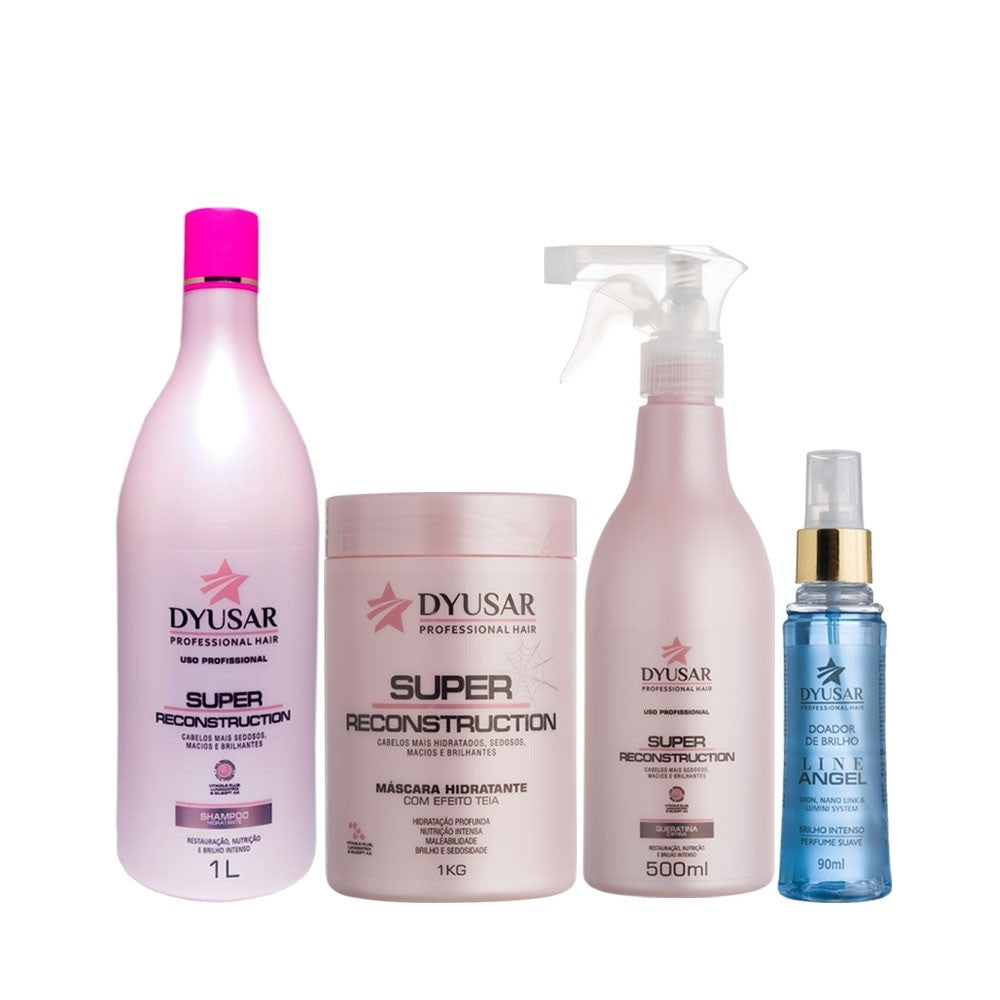 Kit de Reconstrução Capilar Profissional de 4 passos, com Shampoo 1L, Máscara 1kg, Queratina 500ml e Doador de Brilho Line Angel.