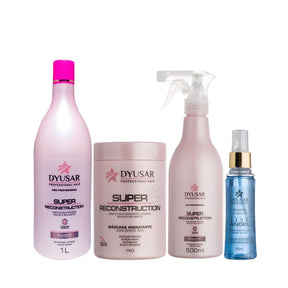 Kit de Reconstrução Capilar Profissional de 4 passos, com Shampoo 1L, Máscara 1kg, Queratina 500ml e Doador de Brilho Line Angel.
