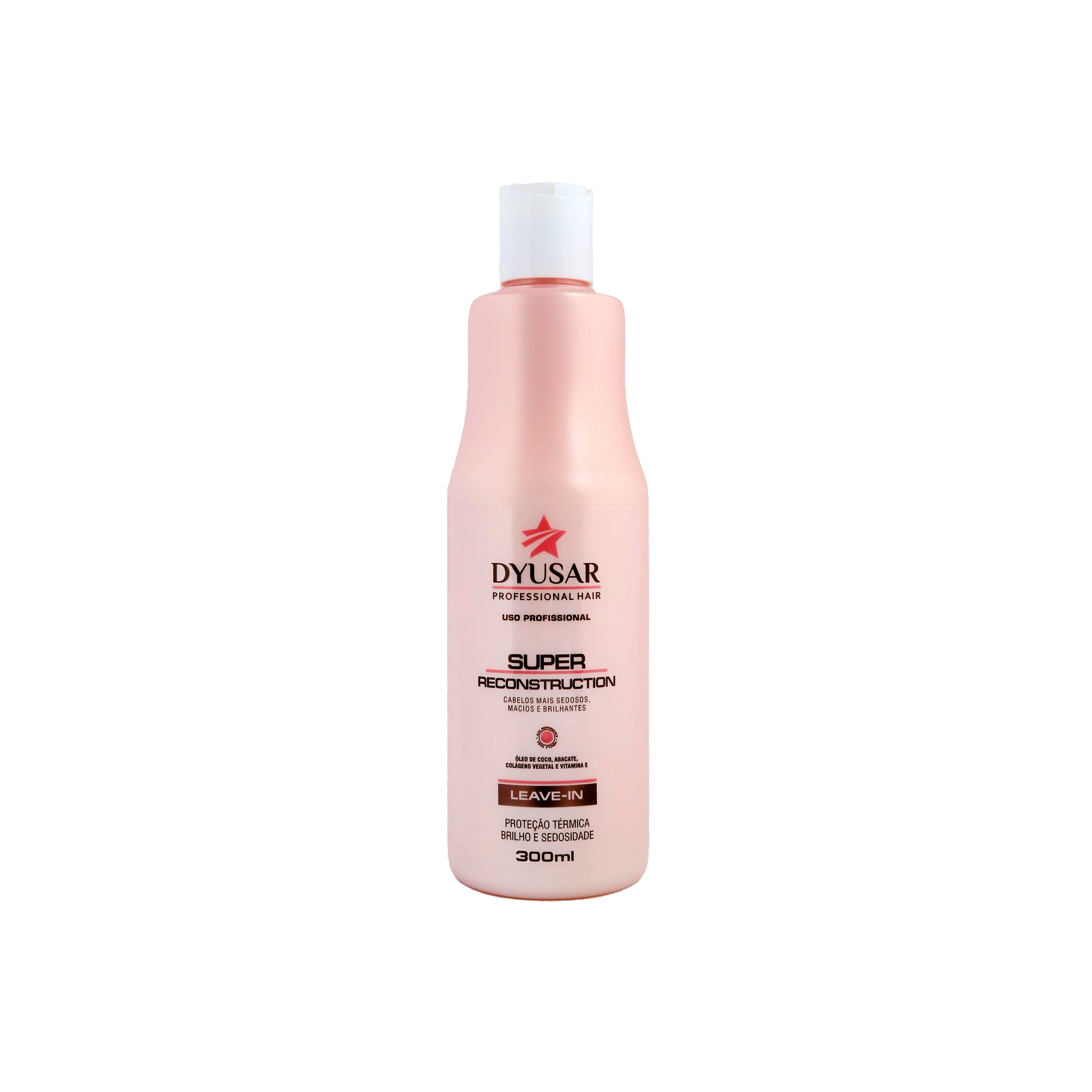 Frasco rosa de 300ml do Leave-In Reconstrutor da linha Super Reconstruction Dyusar, com proteção térmica e brilho.