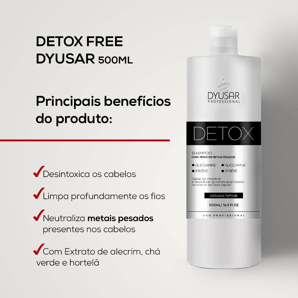 Banner com os principais benefícios do Shampoo Detox Dyusar: desintoxica, limpa profundamente, neutraliza metais pesados e contém extrato de alecrim, chá verde e hortelã.