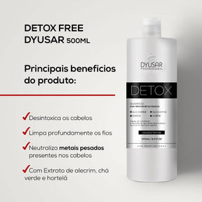 Banner com os principais benefícios do Shampoo Detox Dyusar: desintoxica, limpa profundamente, neutraliza metais pesados e contém extrato de alecrim, chá verde e hortelã.
