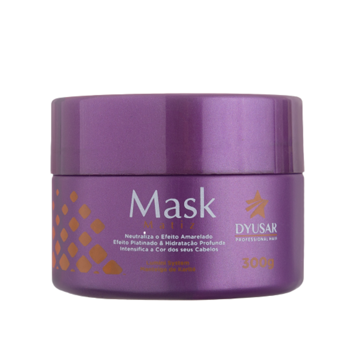 Pote roxo de 300g da Máscara Matizadora Dyusar, que neutraliza o efeito amarelado e promove efeito platinado e hidratação profunda.