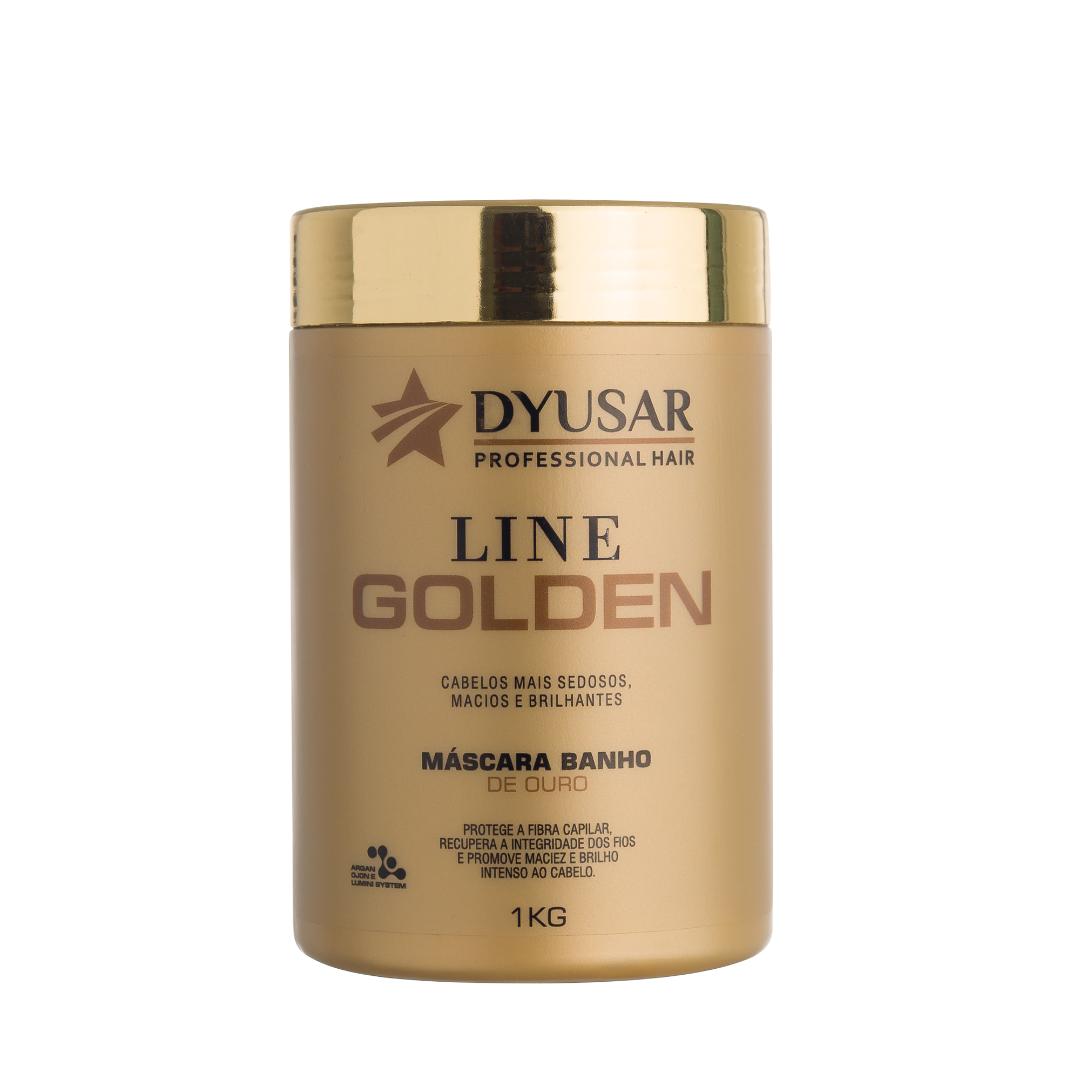 Pote dourado da Máscara de Hidratação Dyusar Line Golden de 1kg em fundo branco, visto de frente em um ângulo ligeiro.